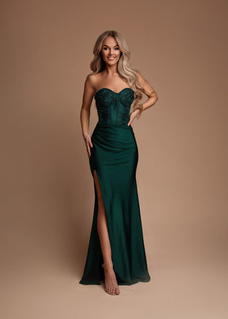 Sabrina Strapless Corset Dress with High Slit in Dark Green