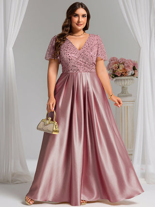 Short Sleeve Ruffle Sheer Appliques V Neck Evening Dress