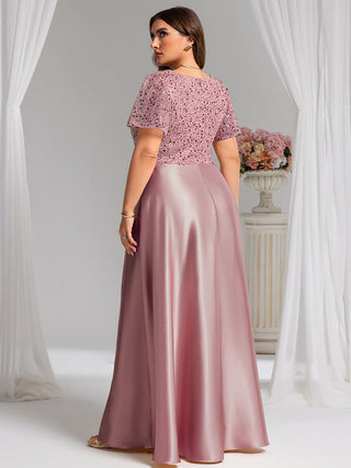 Short Sleeve Ruffle Sheer Appliques V Neck Evening Dress
