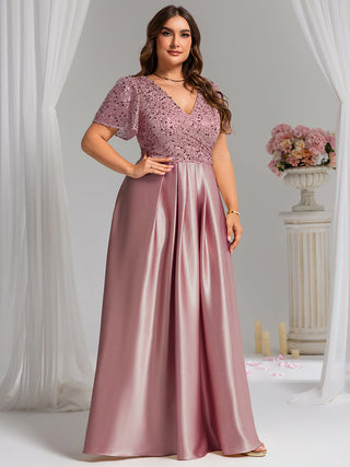 Short Sleeve Ruffle Sheer Appliques V Neck Evening Dress