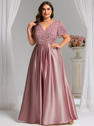 Short Sleeve Ruffle Sheer Appliques V Neck Evening Dress