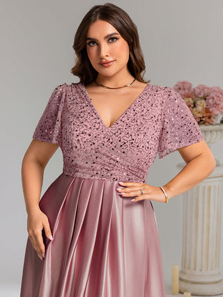 Short Sleeve Ruffle Sheer Appliques V Neck Evening Dress