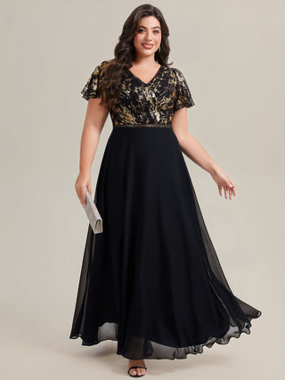 Plus Size Short Sleeve Ruffle Deep V-Neck A-Line Floor Length Evening Dresses