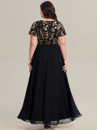 Plus Size Short Sleeve Ruffle Deep V-Neck A-Line Floor Length Evening Dresses