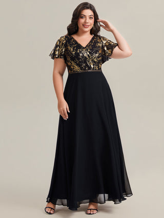 Plus Size Short Sleeve Ruffle Deep V-Neck A-Line Floor Length Evening Dresses