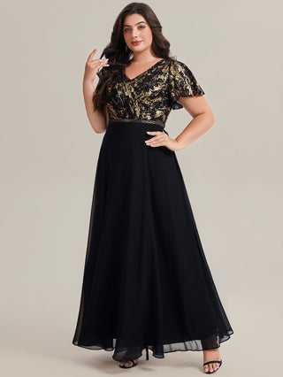 Plus Size Short Sleeve Ruffle Deep V-Neck A-Line Floor Length Evening Dresses
