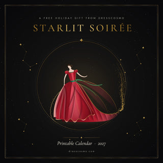 Free 2027 printable calendar cover with a red twirling gown on black and gold