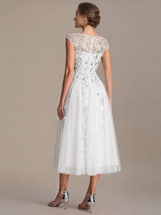 Cap Sleeve See-through Patchwork A-Line Tea Length Wedding Guest Dresses