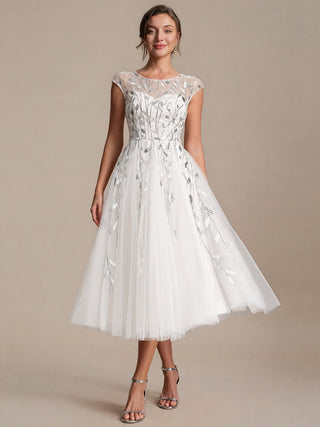 Cap Sleeve See-through Patchwork A-Line Tea Length Wedding Guest Dresses