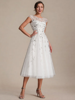 Cap Sleeve See-through Patchwork A-Line Tea Length Wedding Guest Dresses