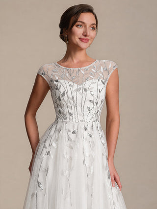 Cap Sleeve See-through Patchwork A-Line Tea Length Wedding Guest Dresses