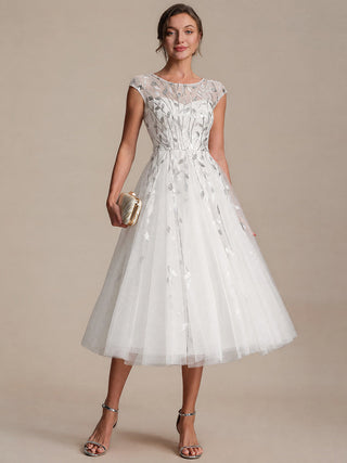 Cap Sleeve See-through Patchwork A-Line Tea Length Wedding Guest Dresses