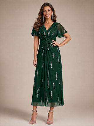 Short Sleeve Ruffle Sheath V-Neck High Stretch Wedding Guest Dresses
