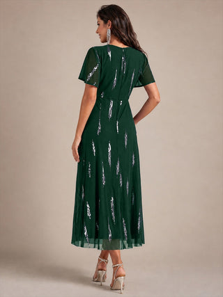 Short Sleeve Ruffle Sheath V-Neck High Stretch Wedding Guest Dresses