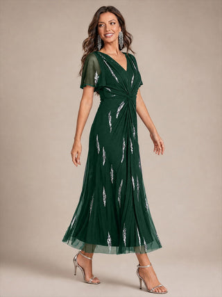 Short Sleeve Ruffle Sheath V-Neck High Stretch Wedding Guest Dresses