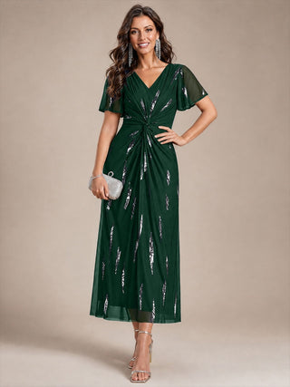 Short Sleeve Ruffle Sheath V-Neck High Stretch Wedding Guest Dresses