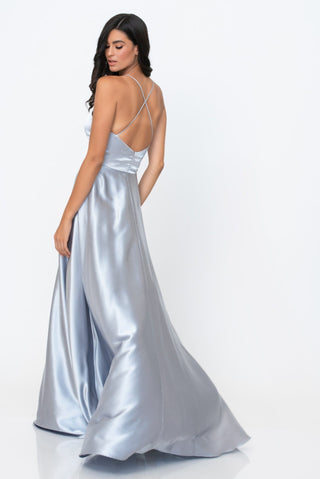 Elegant Sapphire Blue Satin Evening Gown with Plunging Neckline