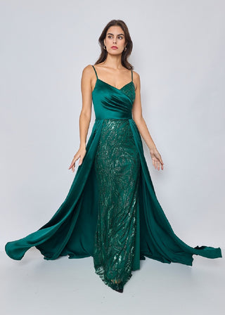Alise Glamorous Sequin Evening Gown with Satin Overlay