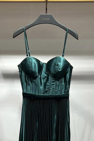 Annabel Pleated Satin Corset Maxi Dress, full-length view