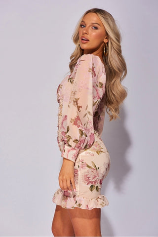 Beige Floral Balloon Sleeve Ruched Mini Dress.