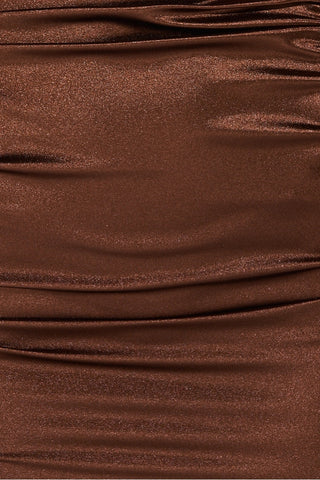 Brown Strappy Ruched Side Stretch Satin Mini Dress.