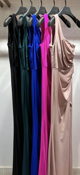 Oshio One-Shoulder Asymmetric Long Dress with Side Slit