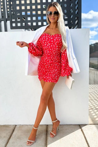 Red Floral Ruched Bardot Puff Sleeve Mini Dress.