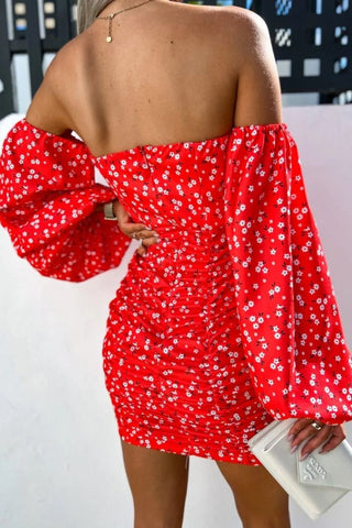 Red Floral Ruched Bardot Puff Sleeve Mini Dress.