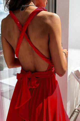 Red Halterneck Plunge Front Thigh Split Maxi Dress.