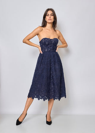 Salma Corset-Style Strapless Lace Midi Dress: