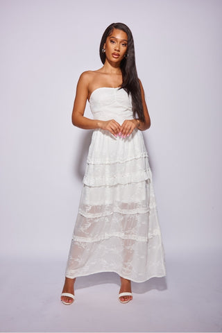 White Embroidered Tiered Bandeau Maxi Dress.
