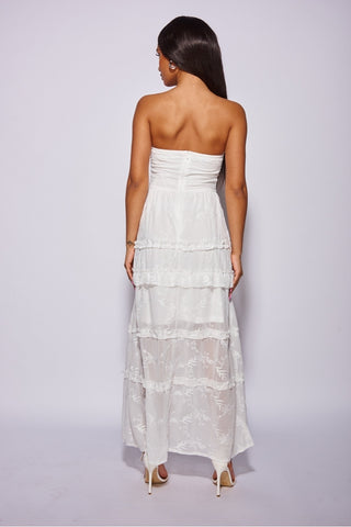 White Embroidered Tiered Bandeau Maxi Dress.